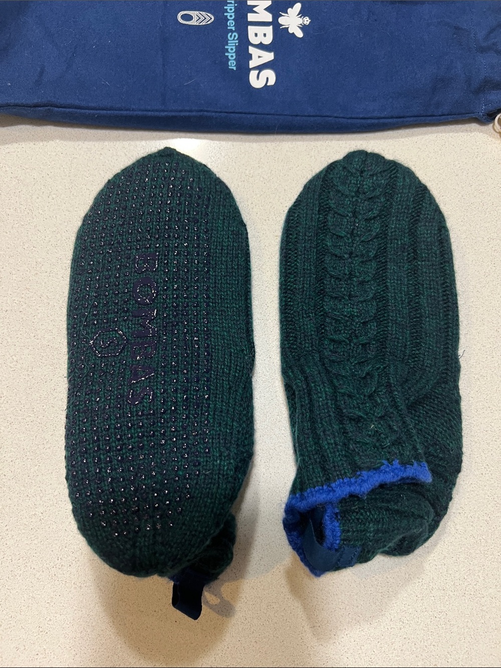 Bombas Women’s Gripper Slippers.  Forest Green, blue trim.   Size Small. NWT